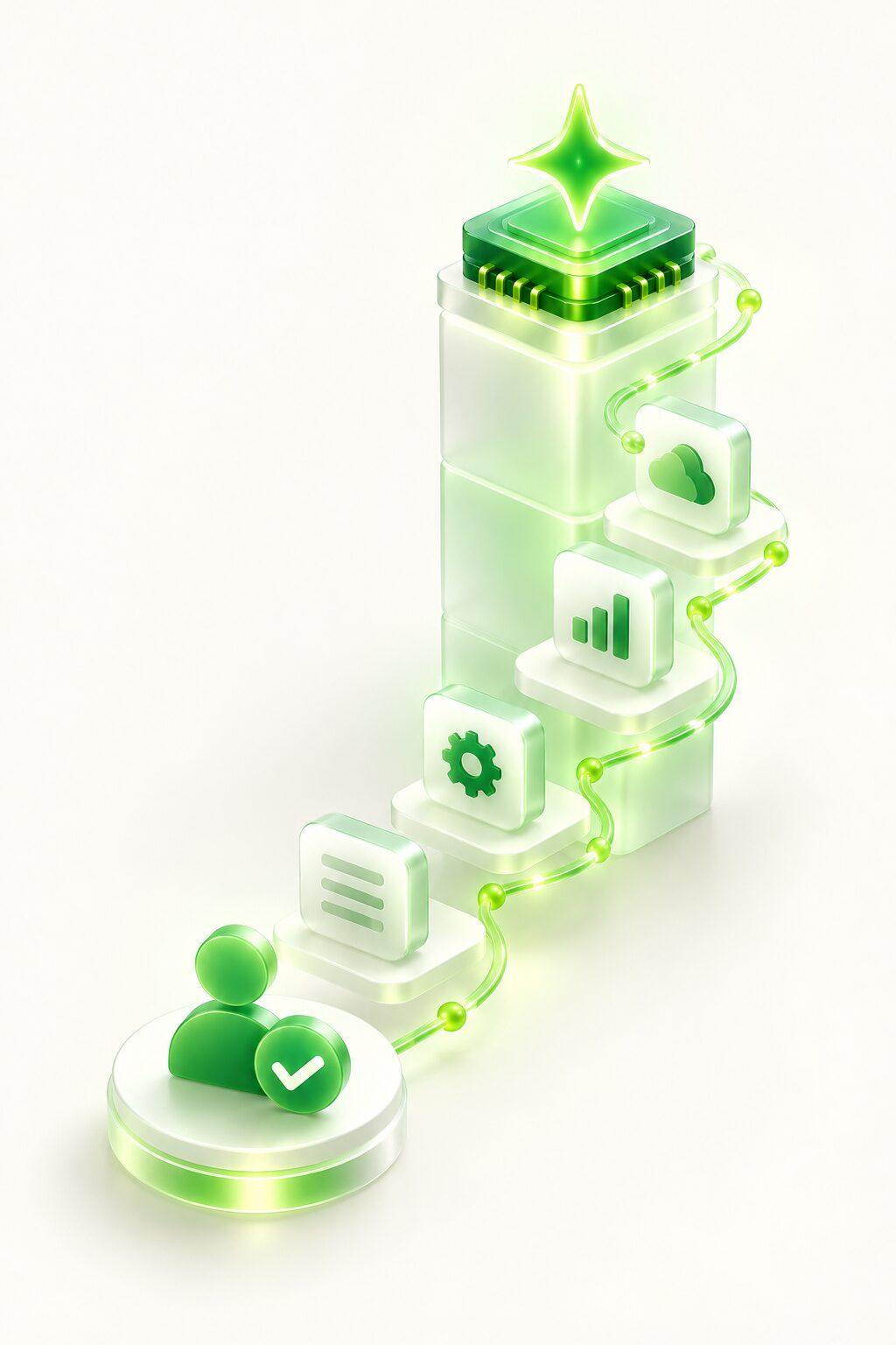 A glass column topped with an AI sparkle and a person with a check at its base