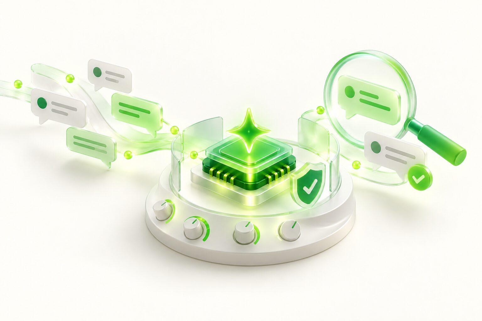 An AI chip on a tuning platform with a guardrail shield and reviewed chats
