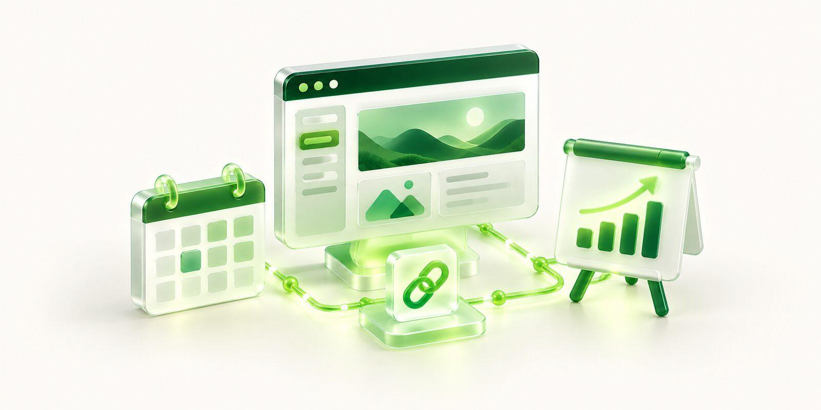 A website on a stand beside a weekly calendar and a presentation easel