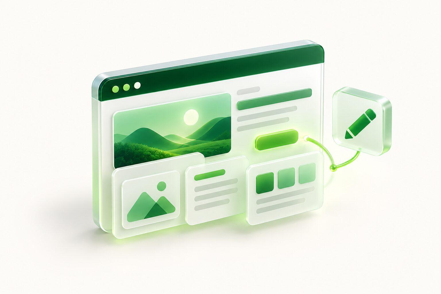 A browser window with layered content blocks and a pencil badge