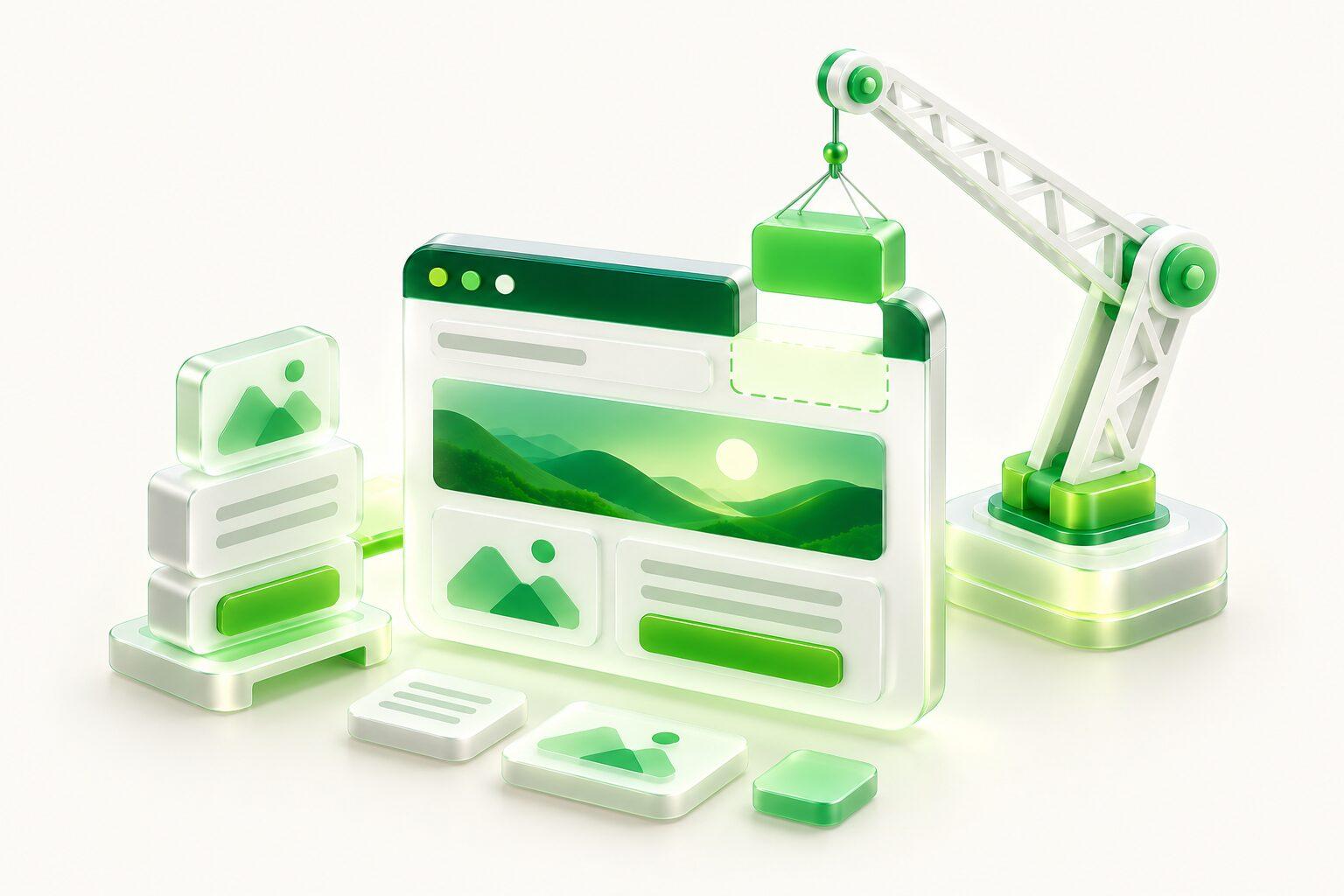 A website being assembled from blocks by a small crane