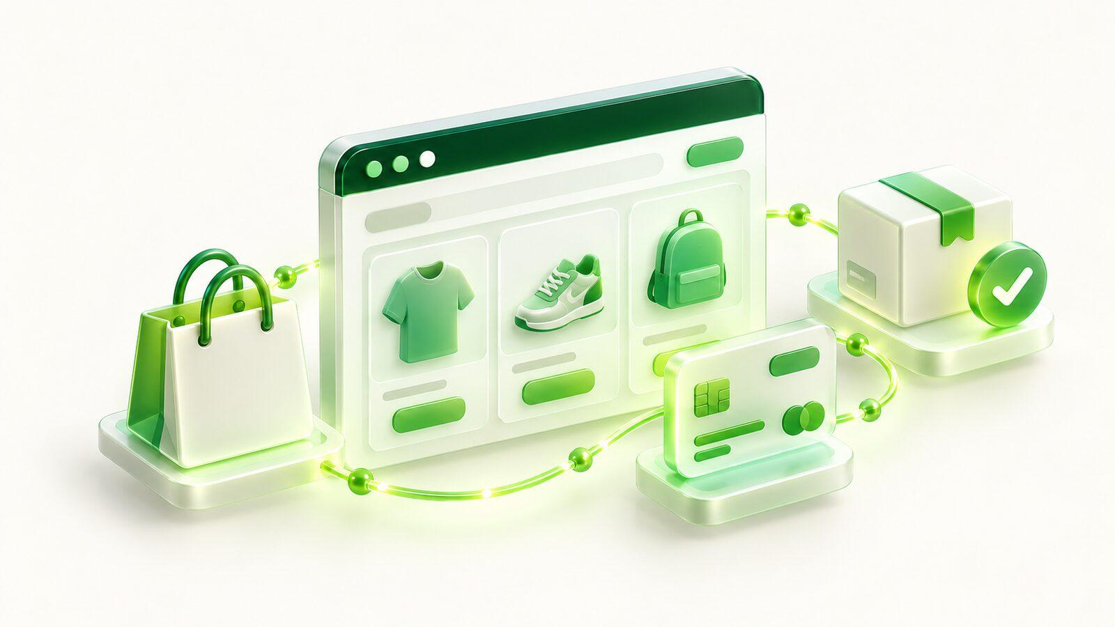 An online storefront with a shopping bag, card payment and a delivered parcel