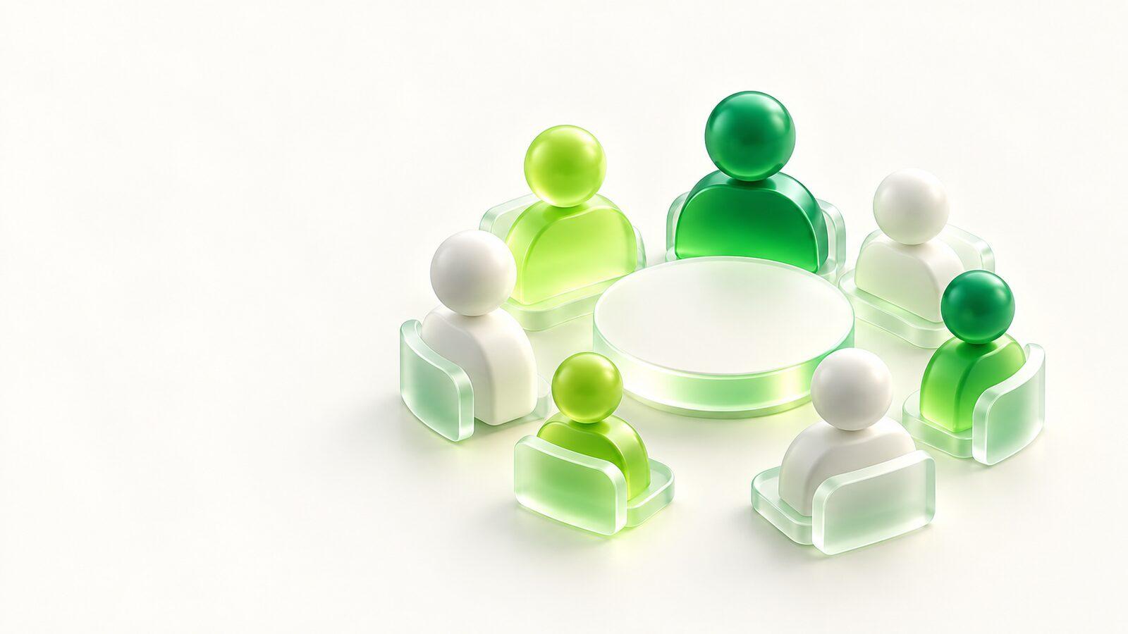 A circle of people figures around a small table