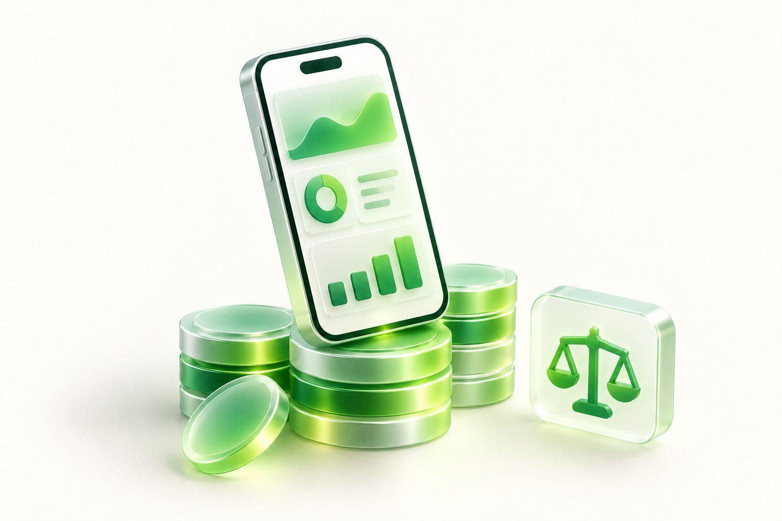 A phone resting on a stack of coins beside a balance scale