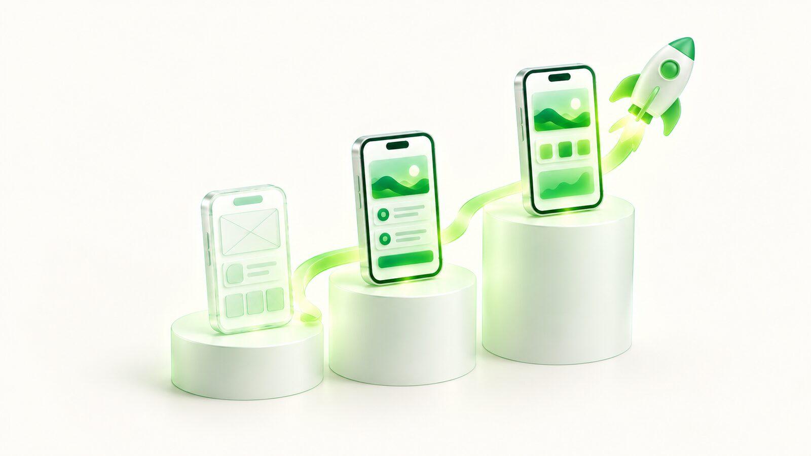 Three pedestals holding a wireframe phone, a working phone and a launched phone