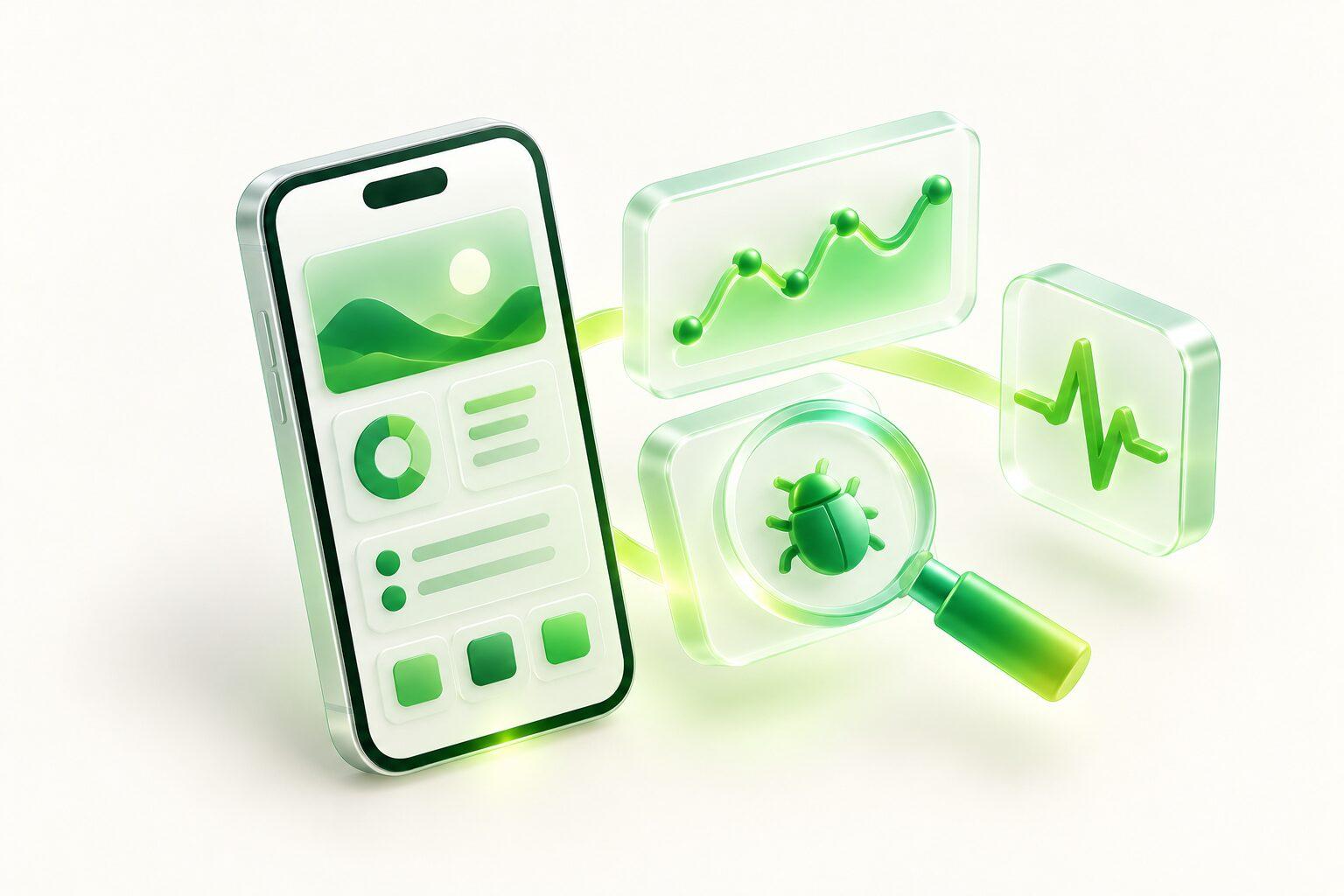 A phone beside analytics tiles and a bug caught under a magnifier