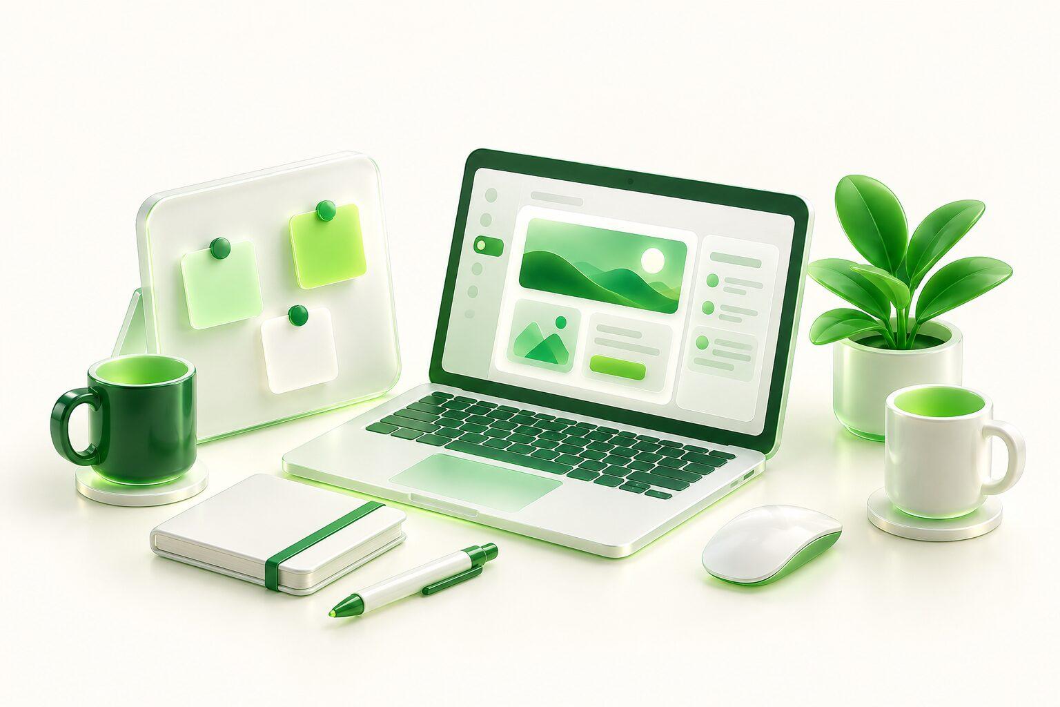 A studio desk with a laptop, sticky notes, mugs and a plant