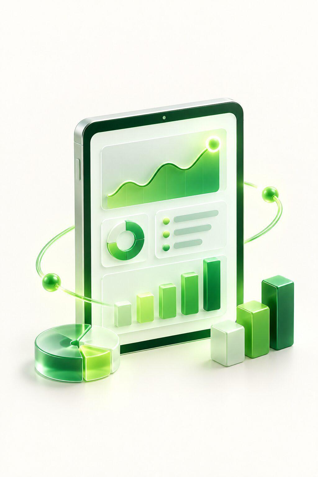 A tablet showing a live dashboard of rising bars