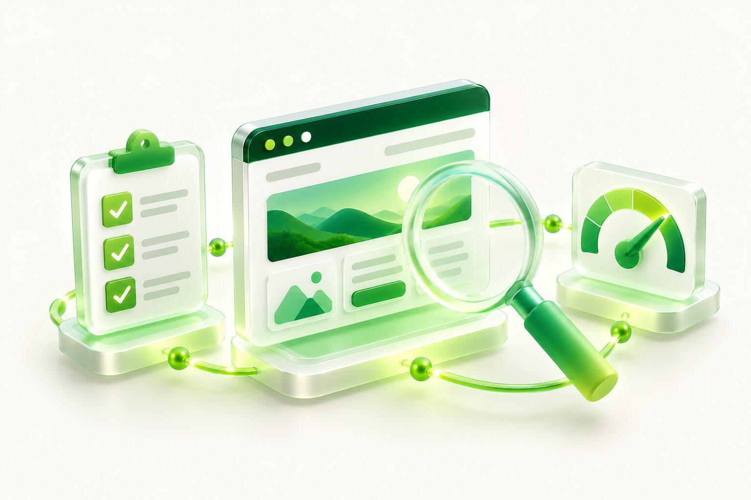 A website under review with a checklist, magnifier and speed gauge